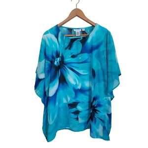 Susan Graver Blue Floral Sheer Poncho Flowy Turquoise Tank Top Set Tropical S M